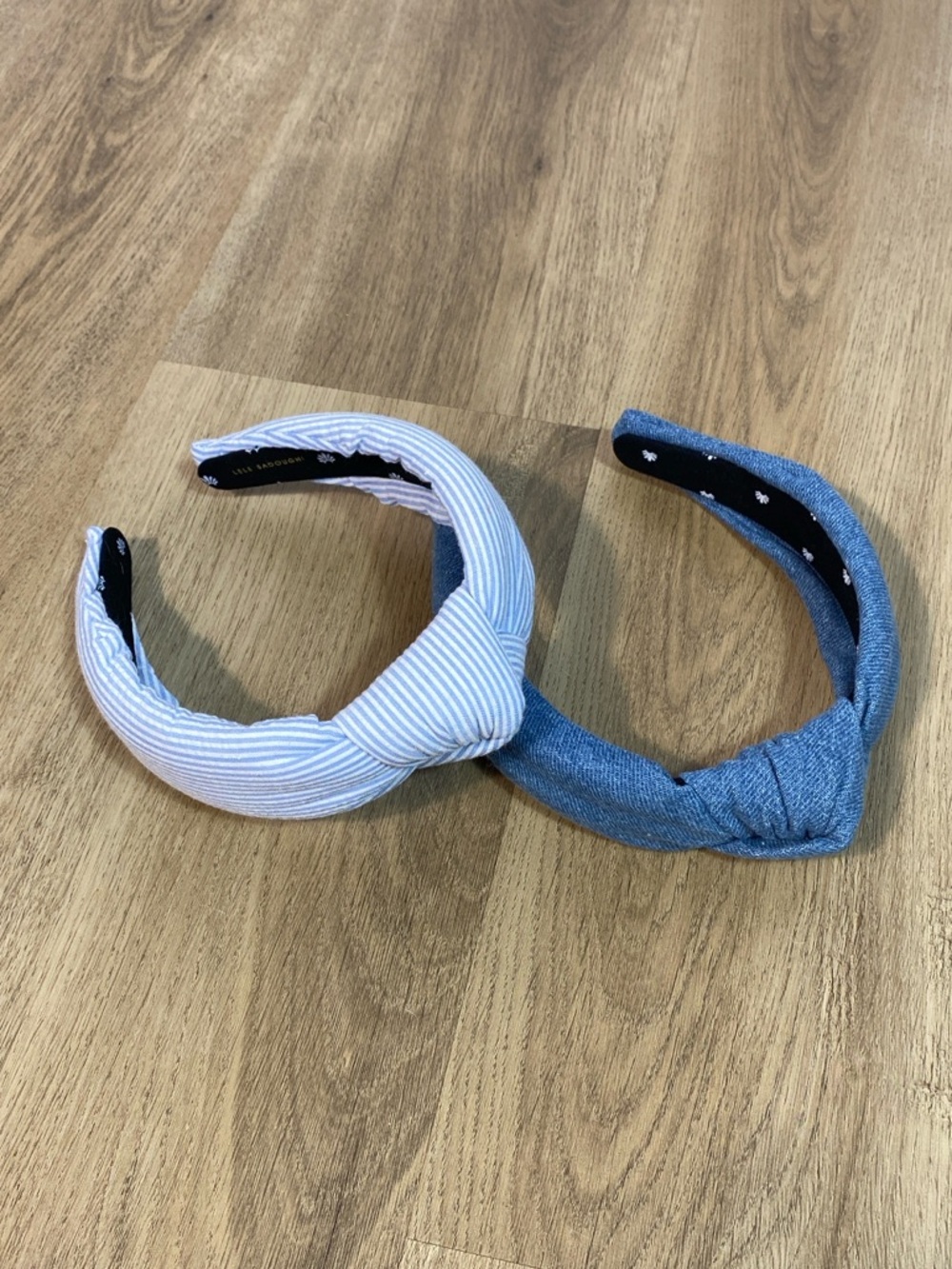 2 Lele Sadoughi Knotted Headbands denim and seersucker